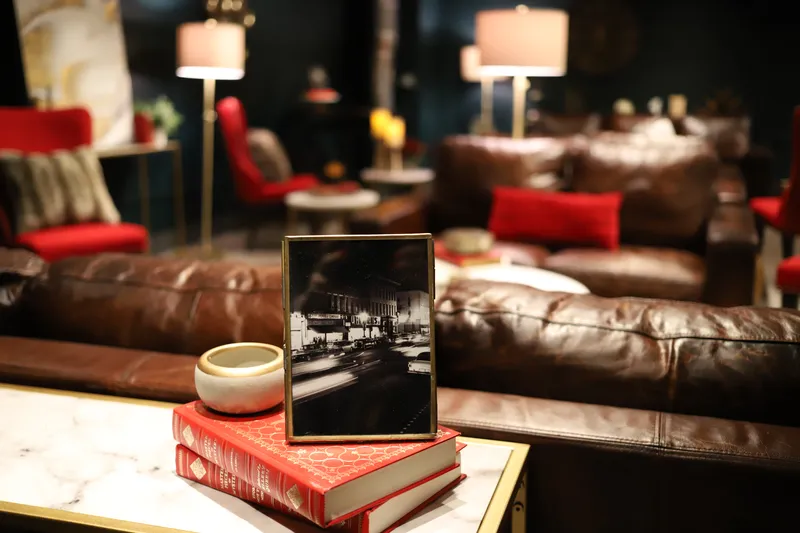 Bella Vino lounge decor with ambient lighting and vintage touches